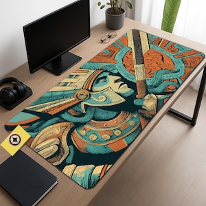 Aztec Warrior Desk Mat: XL Gaming Mouse Pad, Mesoamerican Art
