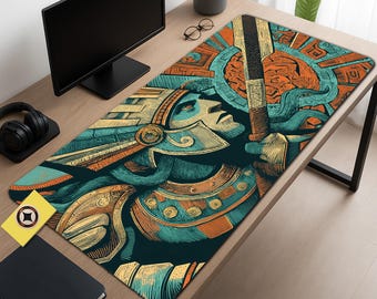 Aztec Warrior Desk Mat: XL Gaming Mouse Pad, Mesoamerican Art