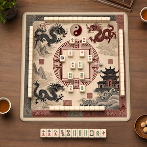 May include: A square mahjong mat featuring a beige background with black and red dragon illustrations, a yin-yang symbol, and a traditional building. The mat includes a border with geometric patterns and ivory-coloured tiles arranged on the edges.