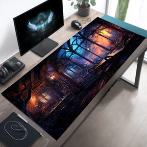 May include: A large, rectangular mouse mat with a dark, fantasy-themed design. The design features a large, ornate building with a glass roof, surrounded by trees and vines. The building is lit by a warm, orange glow, and the sky outside is a vibrant blue. The mouse mat is ideal for gamers and anyone who wants to add a touch of fantasy to their desk.