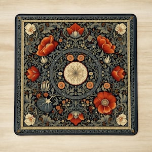 May include: A square mouse pad featuring a dark background with a symmetrical floral pattern. The design includes large orange poppies, smaller cream-colored blossoms, and intricate grey-green foliage arranged around a central circular medallion.