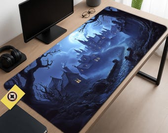 Gothic Castle Desk Mat: Moonlit Haunted Village Gaming Mouse Pad