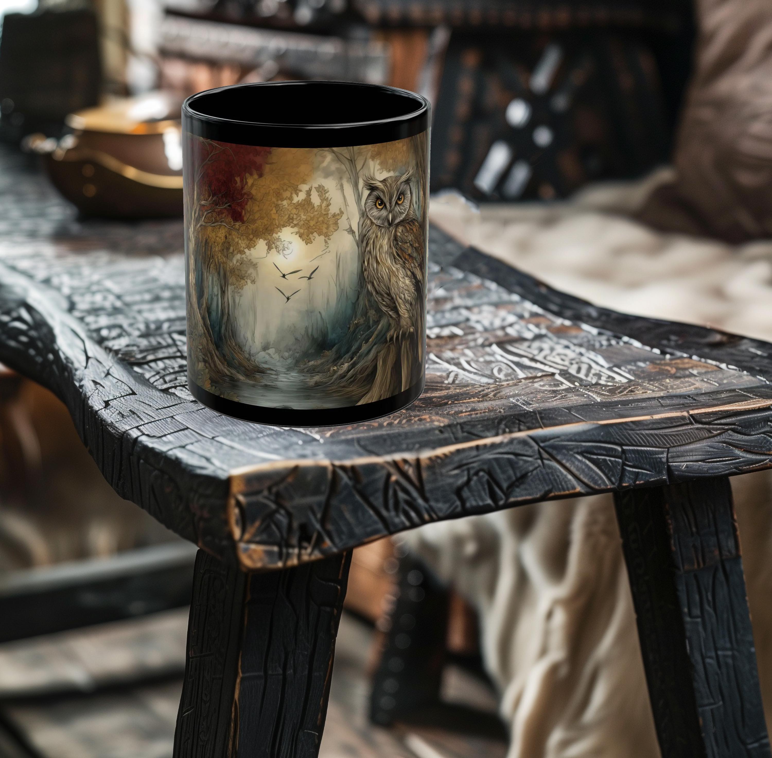 Autumn Forest Owl Mug - Rustic Owl Art Mug - Owl Coffee Cup - Wildlife Coffee Cup - 11oz or 15oz Bla