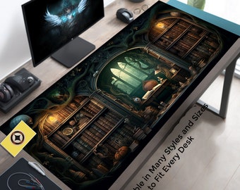 Fantasy Study Playmat, Gaming Mouse Pad, Gamer Desk Mat, Dark Academia Playmats, Extended Gothic Desk Pad