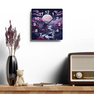 Acrylic Wall Clock Featuring Purple Aesthetic Japanese Moonlit Temple - Japanese Wall Decor - Japan Home Decor - Japan Clock