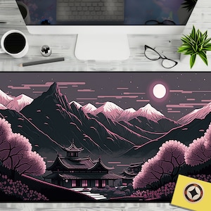 May include: A digital illustration of a Japanese temple nestled in a mountain range under a full moon. The temple is surrounded by cherry blossom trees and the mountains are covered in snow. The sky is a soft pink and purple.