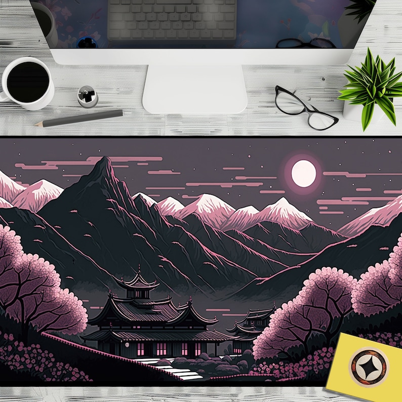 May include: A digital illustration of a Japanese temple nestled in a mountain range under a full moon. The temple is surrounded by cherry blossom trees and the mountains are covered in snow. The sky is a soft pink and purple.