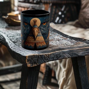 May include: Black ceramic mug featuring a detailed illustration of an owl with a teepee design. The artwork includes a full moon and intricate patterns in shades of blue, brown, and orange. The mug is cylindrical and sits on a dark wooden surface.