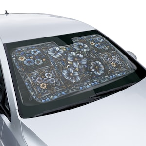 Look of Stained Glass Blue Gray Wildflowers Car Sun Shade, Windshield Shade, Car UV Protector, Window Sun Blocker