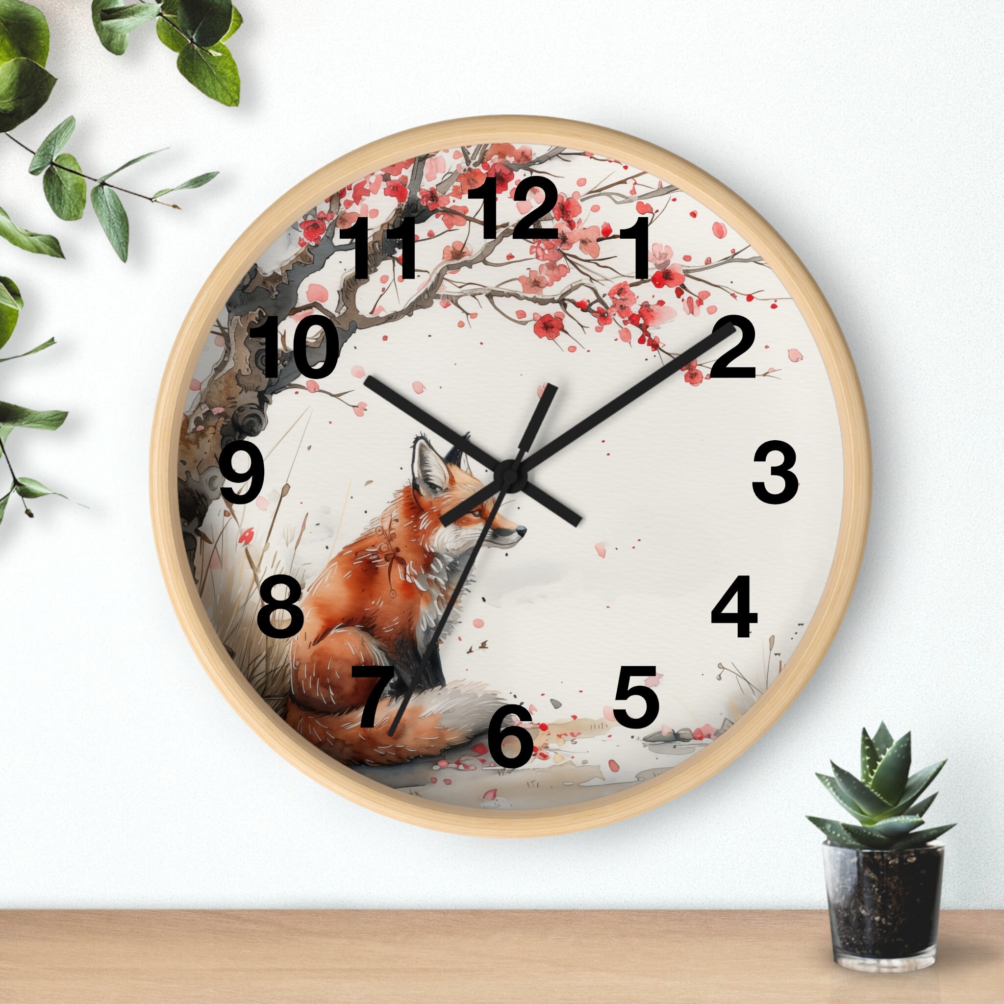 Cute Japanese Red Fox Round Wall Clock - Fox Clock - Asian Sakura