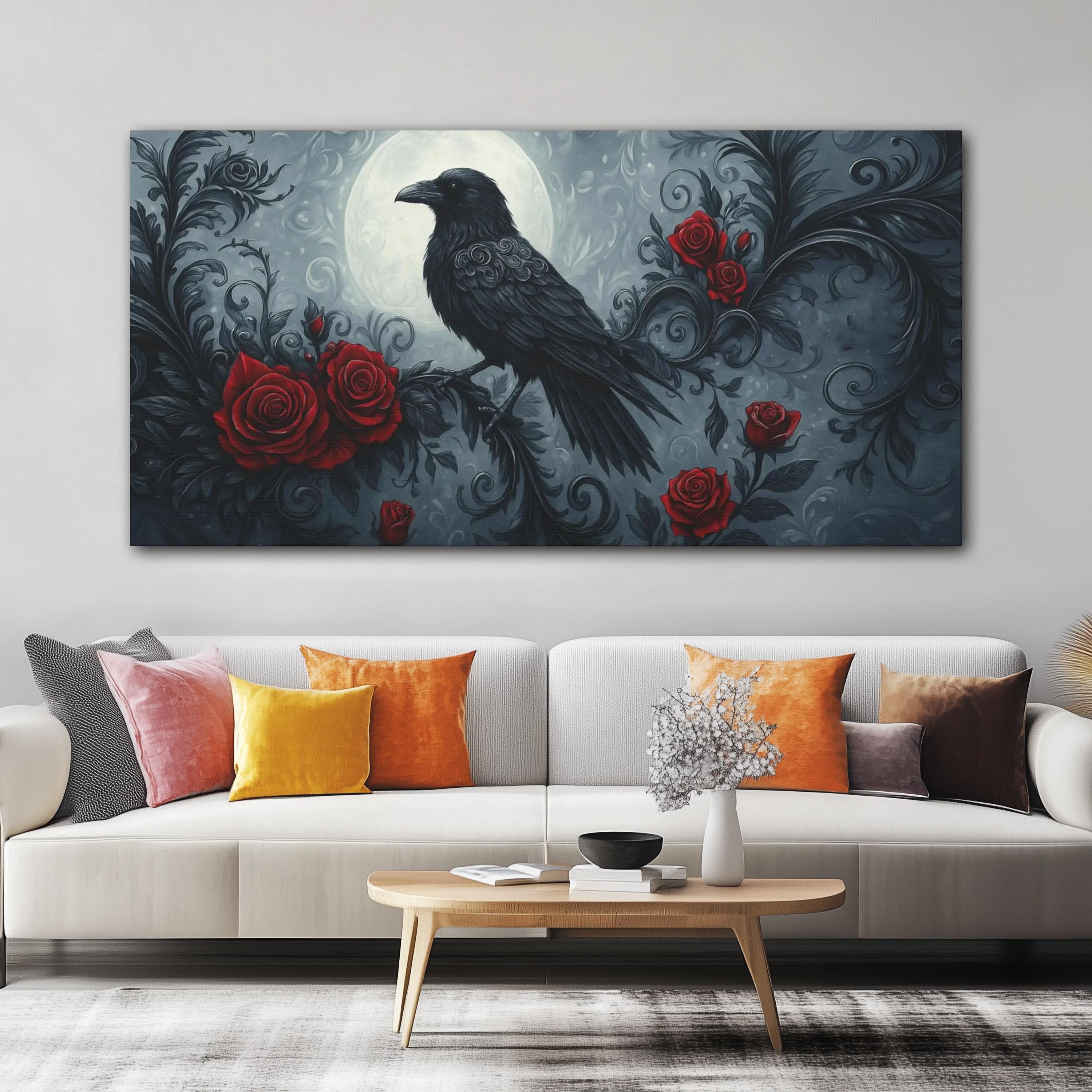 Moonlit Raven and Roses Canvas Wall Art