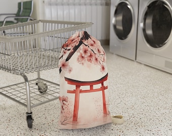 かわいいピンクのランドリーバッグまたはバスケット - 旅行用バスケット - 旅行用巾着バッグ - 寮の必需品 - 日本の桜と鳥のアート - 大学へのギフト