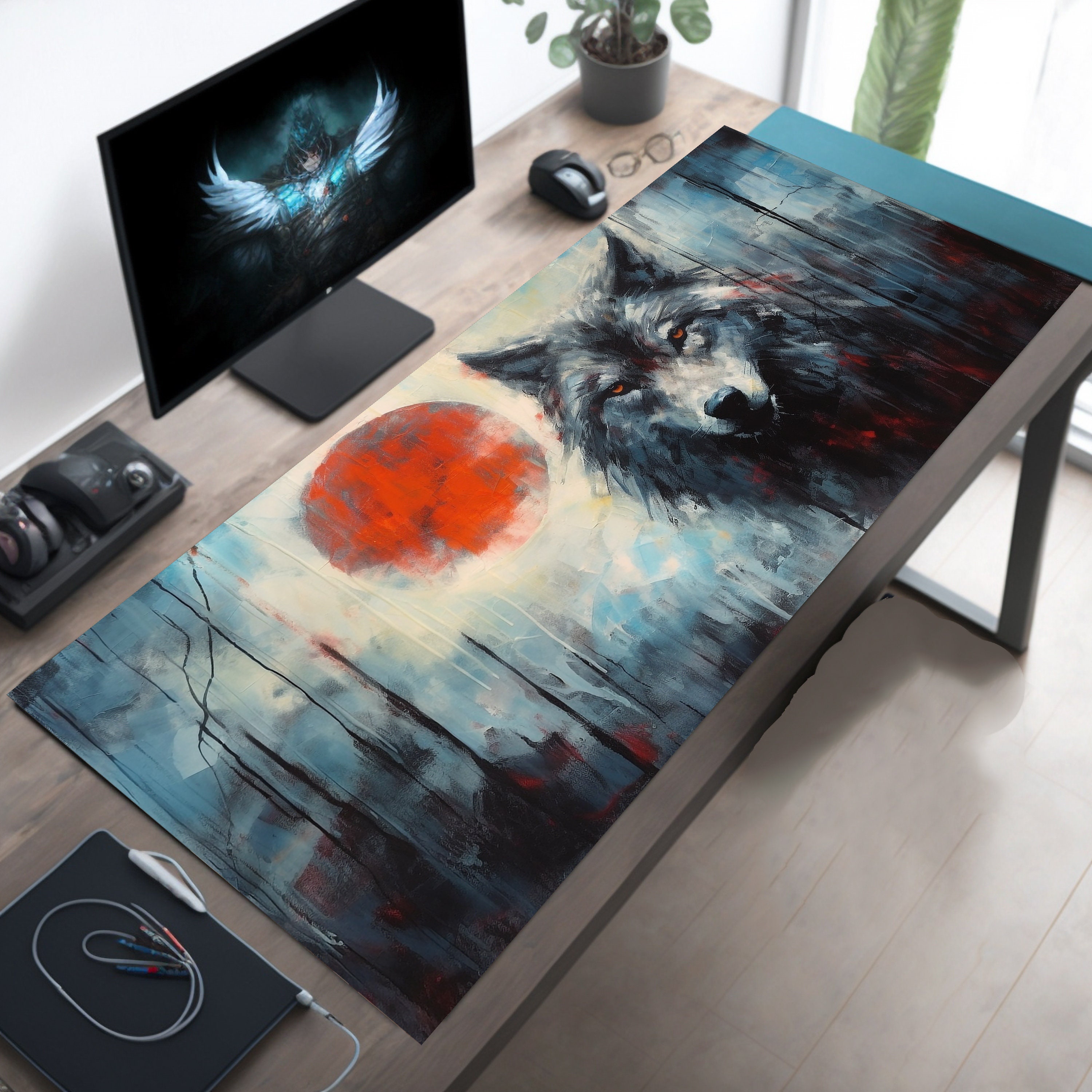 Abstract Viking Wolf Desk Mat with Red Moon – Gray and Blue Norse Art