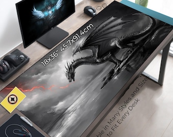 Gray Aesthetic Fantasy Dragon Desk Mat - Dragon Desk Pad - Dragon Gifts - Oversized Mousepad XL - Gaming Mouse Pad - Gamer Gift