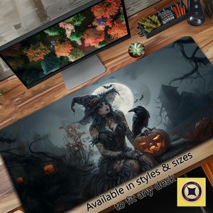 Halloween Witch Desk Decor - Gray Witch, Raven, Pumpkin and Full Moon Desk Mat, Witch Mousepad, Witchy Mouse Pad, Gift for Witch