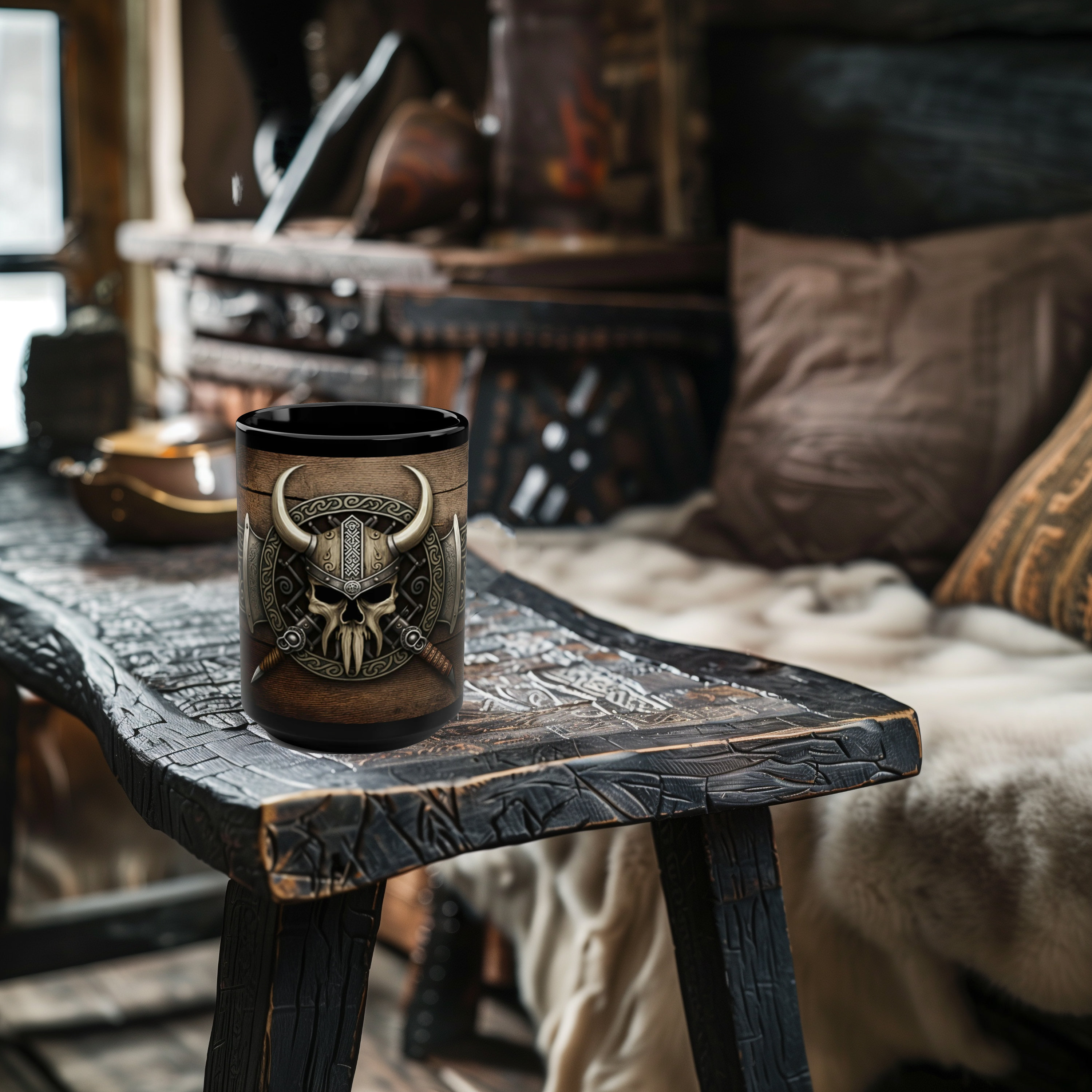 Viking Skull Black Coffee Mug, 15oz