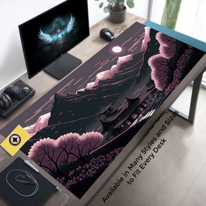 Midnight Minka Mountain Desk Mat, Sakura Blossom Gaming Pad, Japanese Scenery Mousepad, Anti-Slip Writing Mat, Water Resistant Office Decor