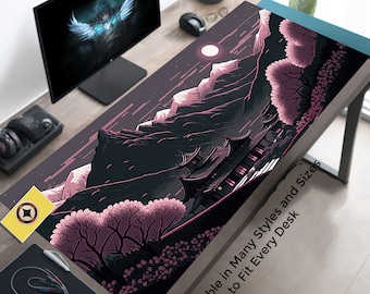 Midnight Minka Mountain Desk Mat, Sakura Blossom Gaming Pad, Japanese Scenery Mousepad, Anti-Slip Writing Mat, Water Resistant Office Decor