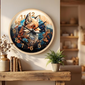 May include: A round wall clock with a wooden frame. The clock face features a detailed illustration of a fox with orange, white, and blue tones. The clock hands are black, and the numbers are in a warm orange colour. The clock is mounted on a white wall.