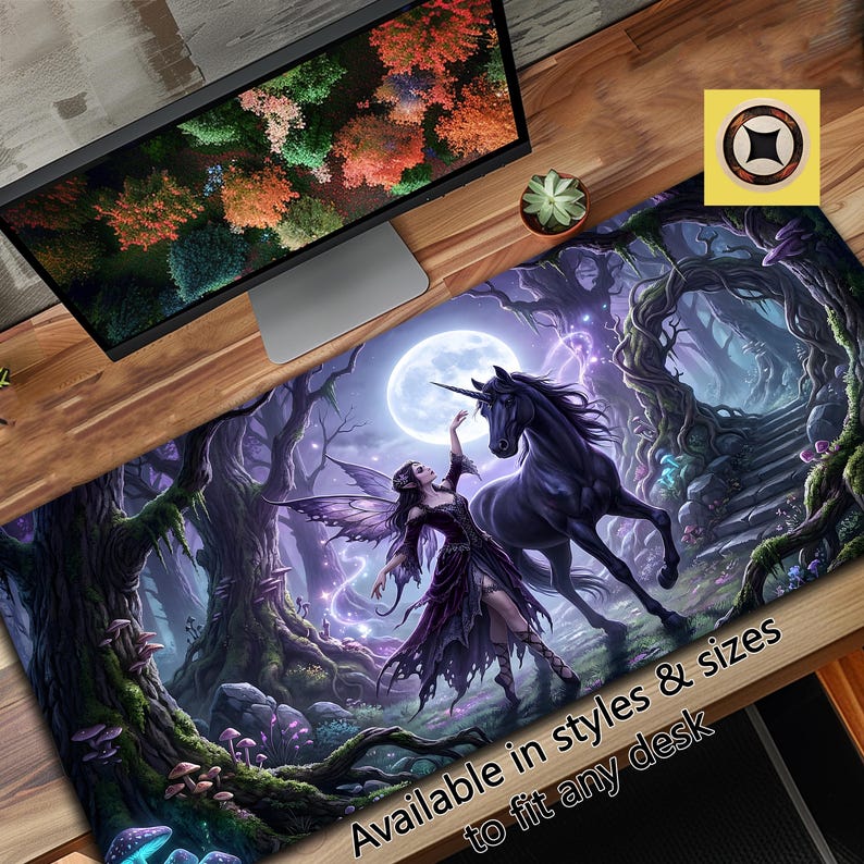 May include: A desk mat with a fantasy scene of a fairy and a black unicorn in a moonlit forest. The mat has a detailed illustration with purple and green tones. Text on the mat reads "Available in styles & sizes to fit any desk."