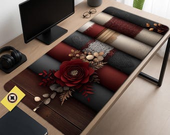 Gothic Rose Lace Desk Pad - Dark Academia Burgundy & Black, Vintage Texture Aesthetic