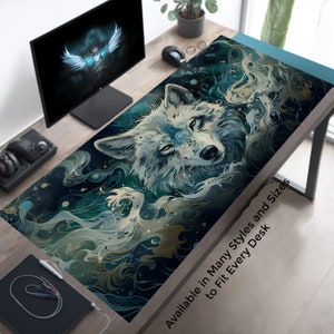May include: A blue and gold desk mat with a wolf's face in the center. The wolf is surrounded by swirling patterns and stars. The text "Available in Many Styles and Sizes to Fit Every Desk" is at the bottom of the mat.