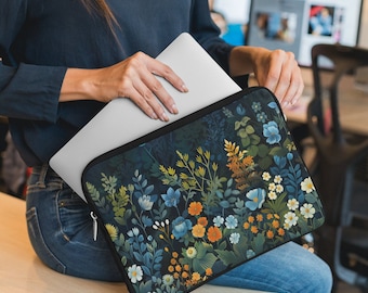 Cute Botanical Laptop Sleeve, Flowers iPad Sleeve, Dark Cottagecore Computer Carrying Tote Bag for Travel or Business or School