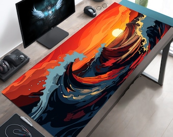 Red Ocean Waves, Sunset Sea Art Desk Mat, Nautical Mouse Pad, Beach Office Decor, Beach Mousepad, Gaming Accessory, Game Table Decor