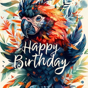 Cartão de feliz aniversário exclusivo com pássaros inspirados na Mesoamérica, download instantâneo, cartão de aniversário para impressão em casa