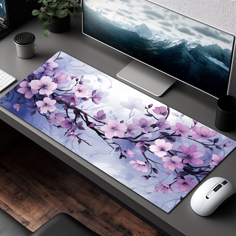 Pastel Blue and Purple Sakura Desk Mat Mousepad XL, Gaming Mouse Pad, Gift for Wife, Gift for Girlfriend, Gift for Gamer Girl, Cute Desk Pad bild 2