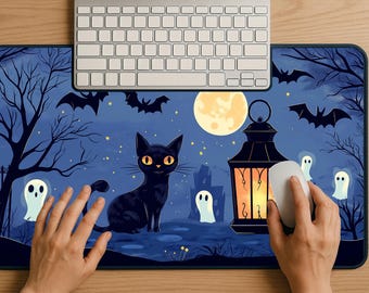 Kawaii Goth Cat Mouse Pad: Spooky Halloween Desk Mat XXL