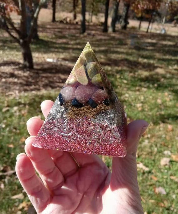 Unakite, Strawberry Quartz, and Shungite Small Orgonite Pyramid