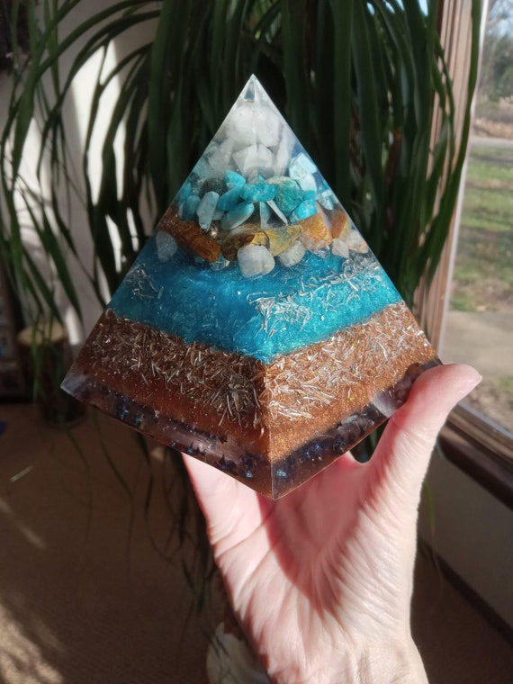 Apatite, Pietersite, Gold Rutile Quartz, Clear Quartz, Selenite XL Orgonite Pyramid