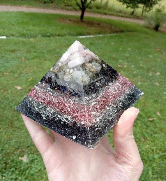 Kunzite, Labradorite, Rhodizite, and Clear Quartz Wands Orgonite Pyramid