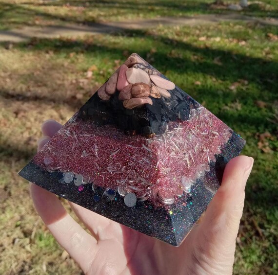 Rhodonite, Shungite, and Smoky Quartz Orgonite Pyramid