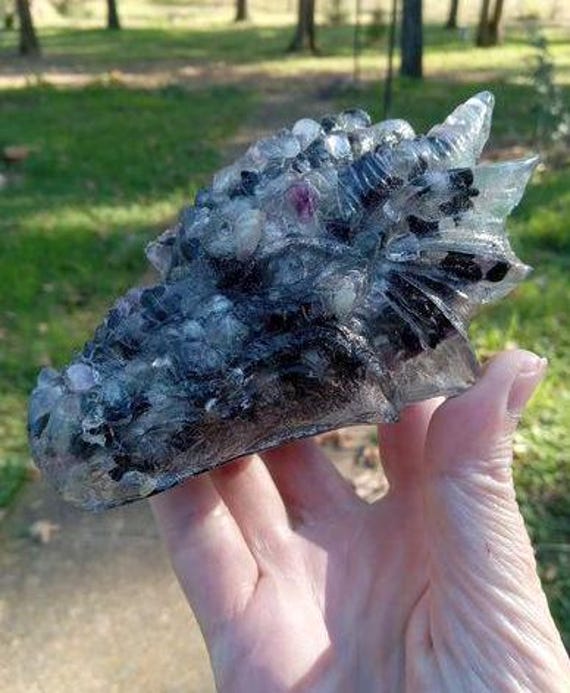 Flourite, Shungite, and Clear Quartz Orgonite Dragon