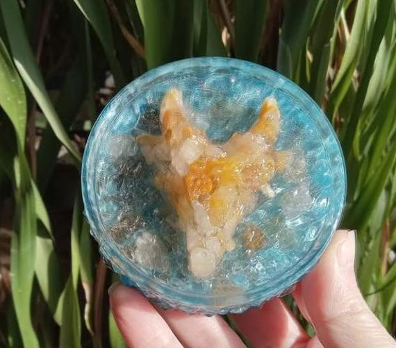 Honey Calcite and Gold Rutile Quartz Dragonhead Orgonite