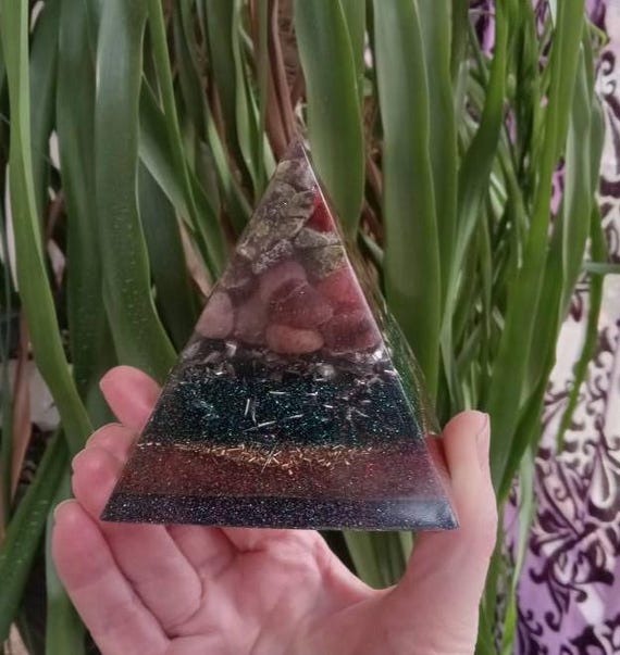 DragonBlood Jasper and Strawberry Quartz Orgonite Pyramid, AKA orgone generator, orgone device
