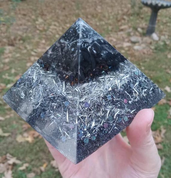 Snowflake Obsidian, Shungite, and Clear Quartz Wands Orgonite Pyramid