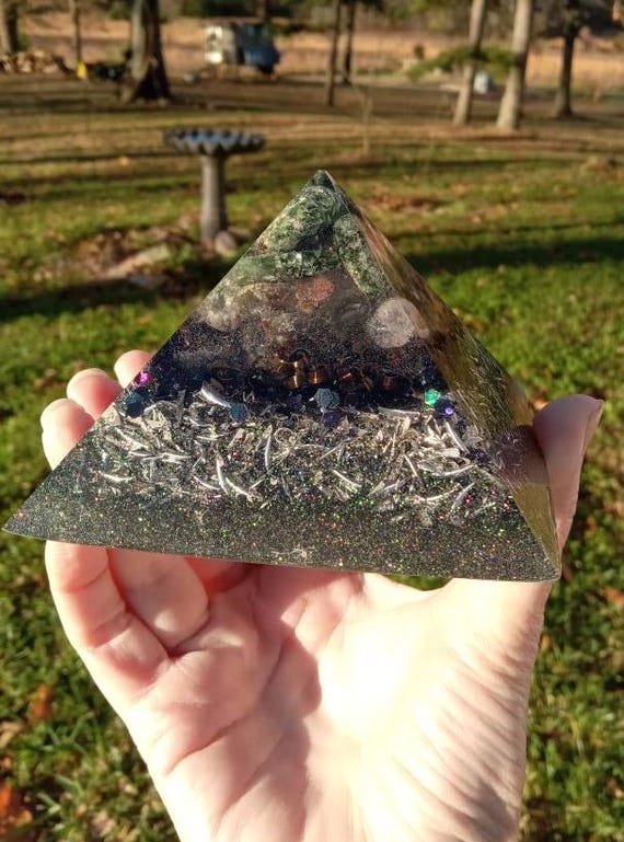 Seraphinite, Ghost Quartz, and Shungite Orgonite Pyramid