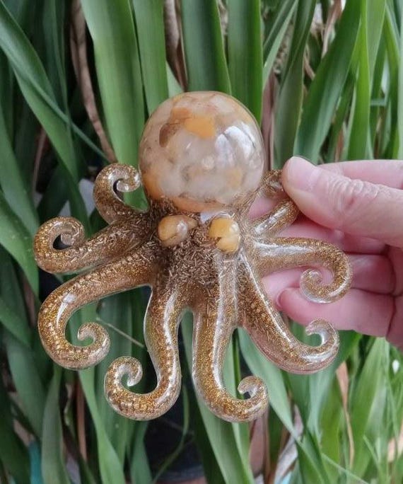 Honey Calcite and Golden Healer Quartz Orgonite Octopus