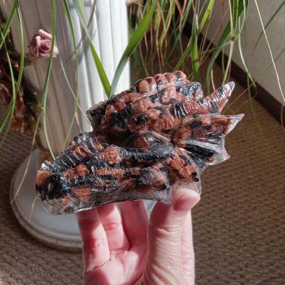 Goldstone, Shungite, and Clear Quartz Orgonite Dragon