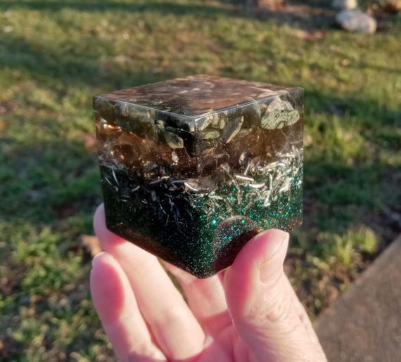 Kambaba Jasper and Smoky Quartz Small Orgonite Cube