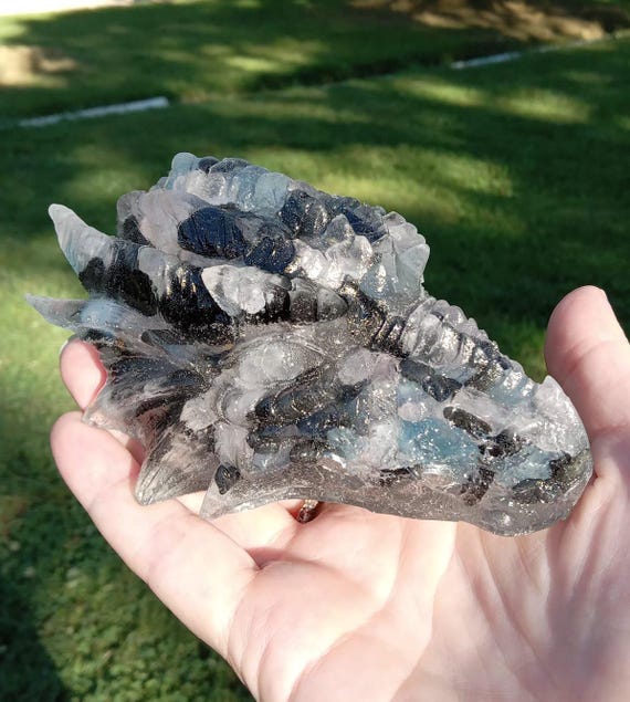 Rose Quartz, Aquamarine, Shungite, and Black Obsidian Orgonite Dragon