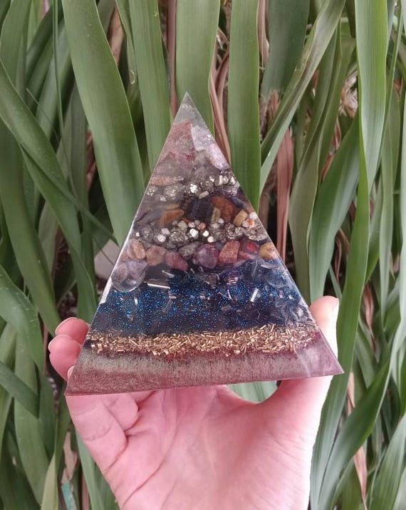 Blue Tiger Eye, Pietersite, Pyrite, Ghost Quartz XL Orgonite Pyramid