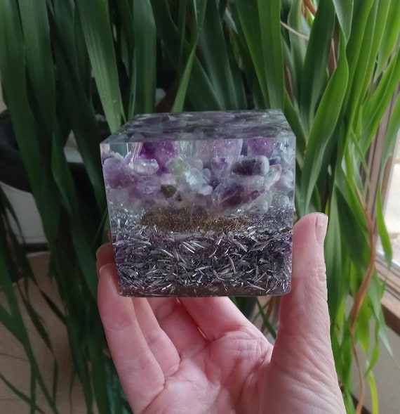 Flourite and Amethyst Orgonite Cube