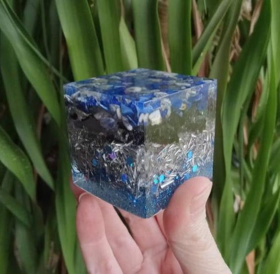 Lapis Lazuli, Black Tourmaline, Clear Quartz Small Orgonite Cube