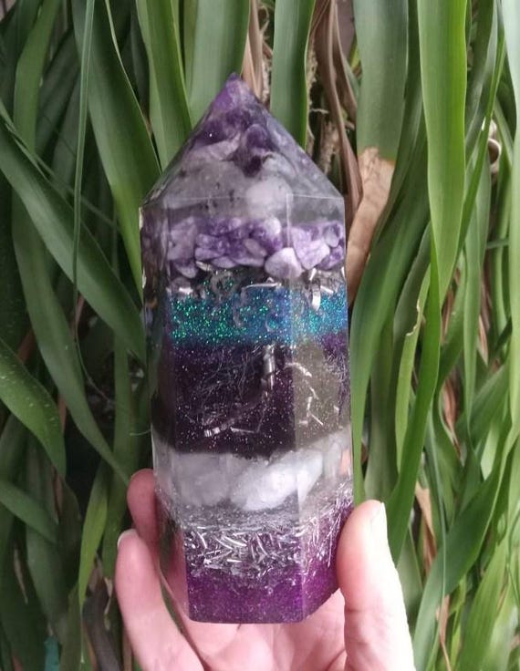 Amethyst, Moonstone, Lepidolite, Clear Quartz Orgonite Tower