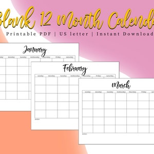 Blank 12 Month Calendar, Minimalist Calendar Printable, Calendar Template, Monthly Calendar, Instant Digital Download Planner, PDF Download