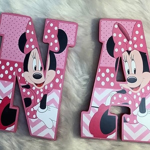 Letras de madera A,B,C, letras de Minnie Mouse, letras rosas de Minnie Mouse